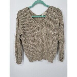80s It's Pure Gould Beige Loose Knit Sweater V-Neck Women's USA Vintage Medium